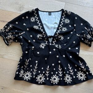 Black and Cream Floral Embroidered Women's Top